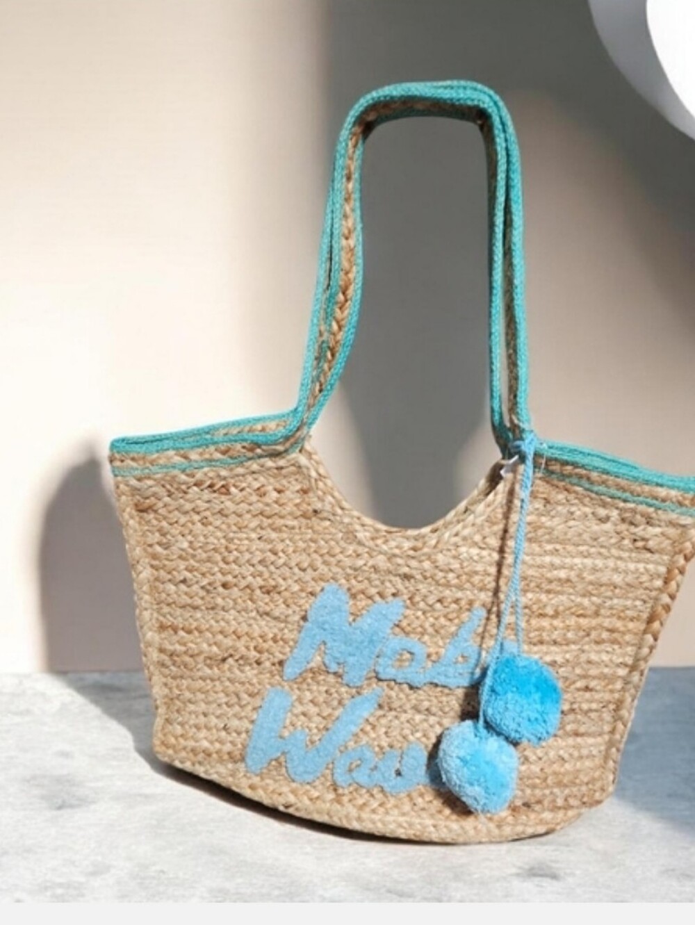 No Boundaries Straw Beach Tote with Turquoise Trim and Pom Poms